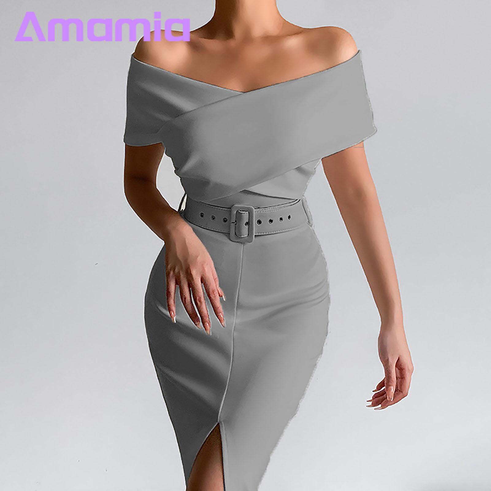 Evening Dress Solid Color Elegant Off Shoulder Front Split Bodycon Dress. 