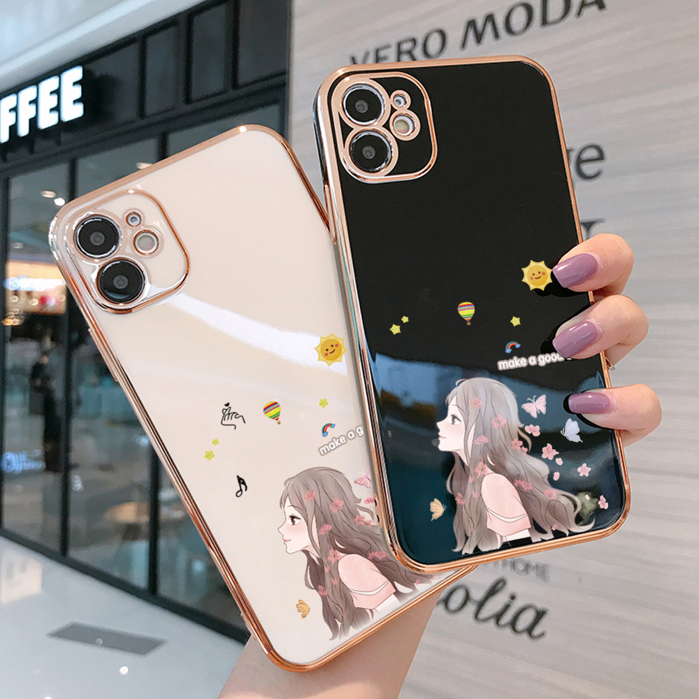 TA for iPhone 7 Plus 8 Plus Back Cover + Free Lanyard Charming Girl Luxury 6D Plating Case Side Pattern Soft Silicone Square Phone Cases for Girls. 
