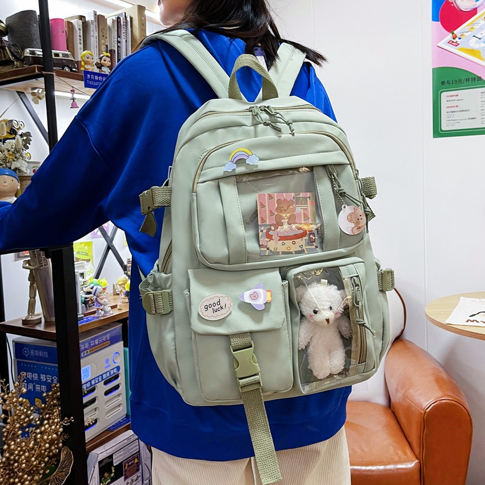 Kawaii Aesthetic Women Backpack School Bag for Teen Girls Japanese Korean Rucksack Student Bookbags with Cute Accessor Mochila. 