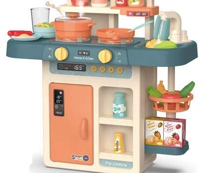 BIGFOLK Kids 36-Piece Barbie Kitchen Set for Kids Girls Toys | Realistic Lights and Sounds Play Sink with Running Water, Dessert Shelf Toy and Kitchen Accessories Set for 4 Year Old. 