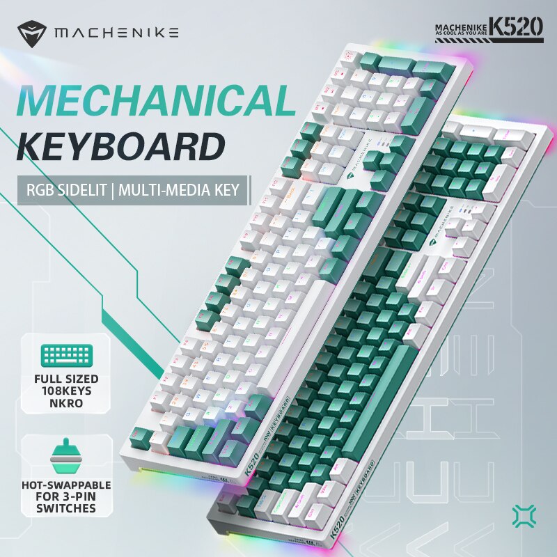 Machenike K520 Mechanical Keyboard Wired Connection Red Switch Hot Swappable 108 Keys LED Backlit RGB Sidelit Gaming Keyboard