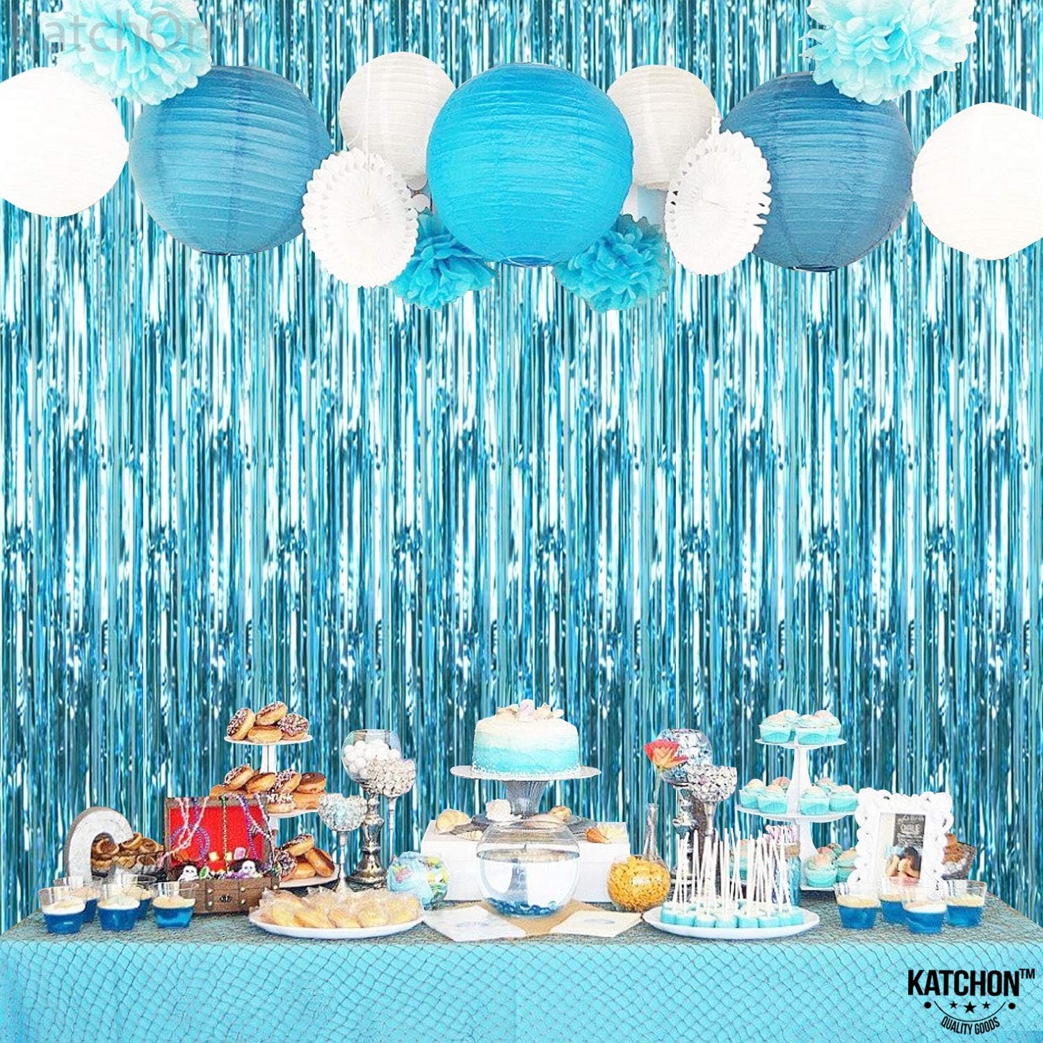 Birthday Light Blue Foil Curtain Fringe Party Backdrops Balloon. 