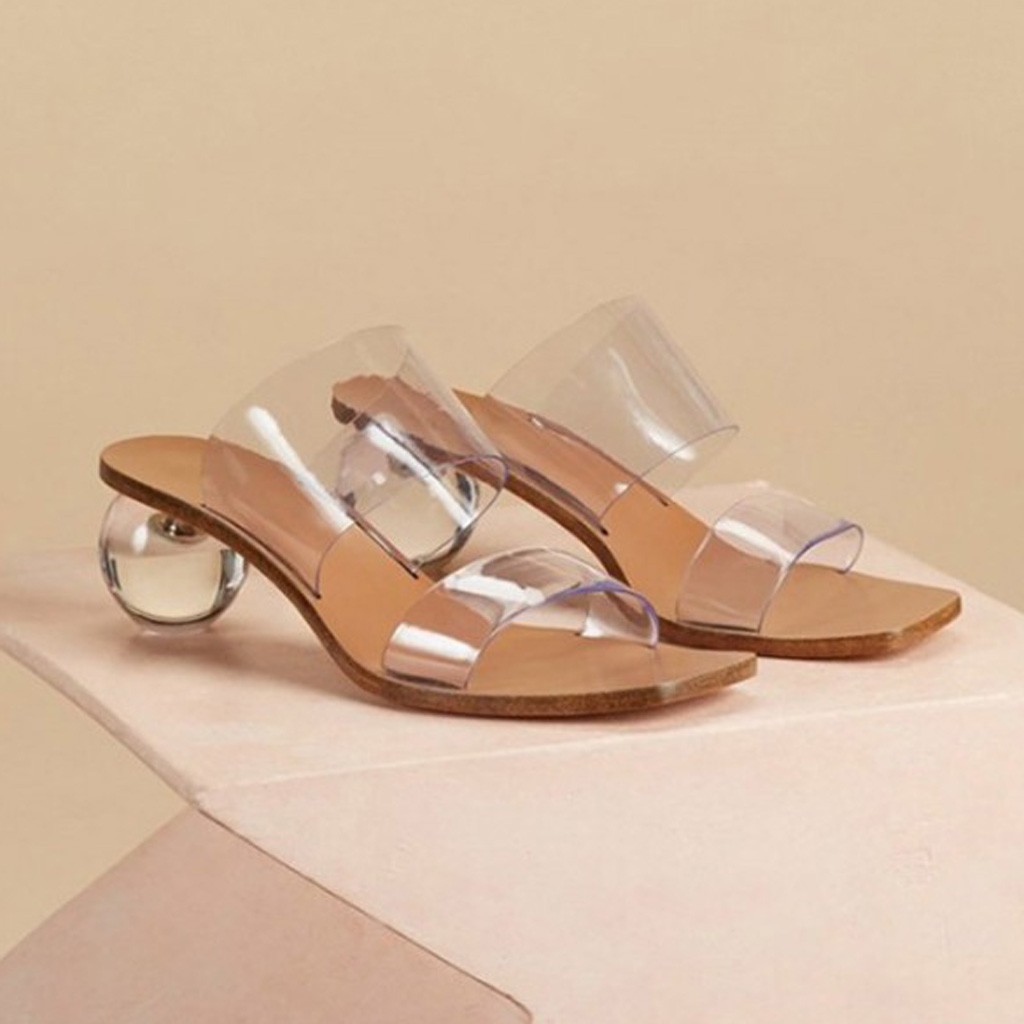 【BestGO】 Women Slipper Summer Crystal Heel Beach Slippers Transparent Square Toe Shoes