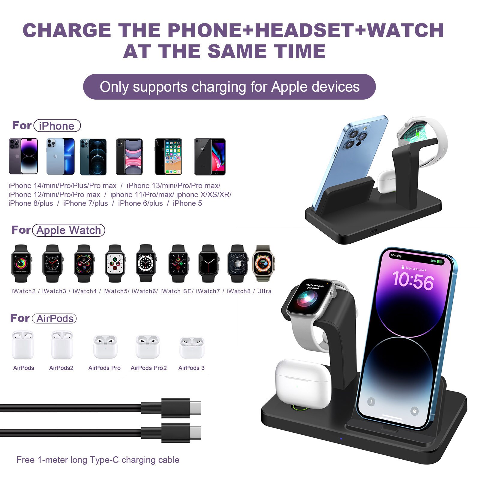 3 in 1 Fast Charging Dock Station for Apple Watch 8 7 AirPods Pro iPhone 14 13 12 11 XS X 8 Wireless Charger Stand Phone Holder. 