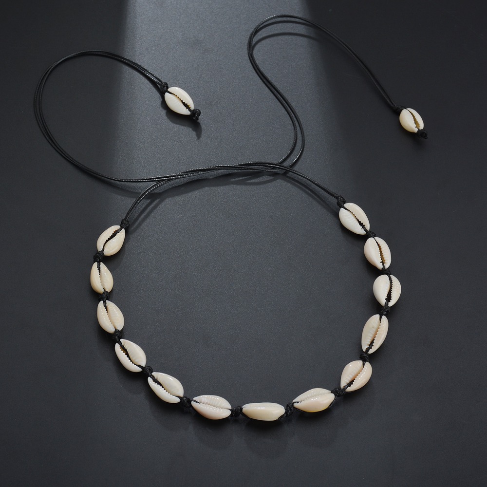 Boho Bohemian Natural Seashell Necklace -Braided Rope Sea Shell Pendant Chain Choker Necklace- Women Beach Jewelry. 