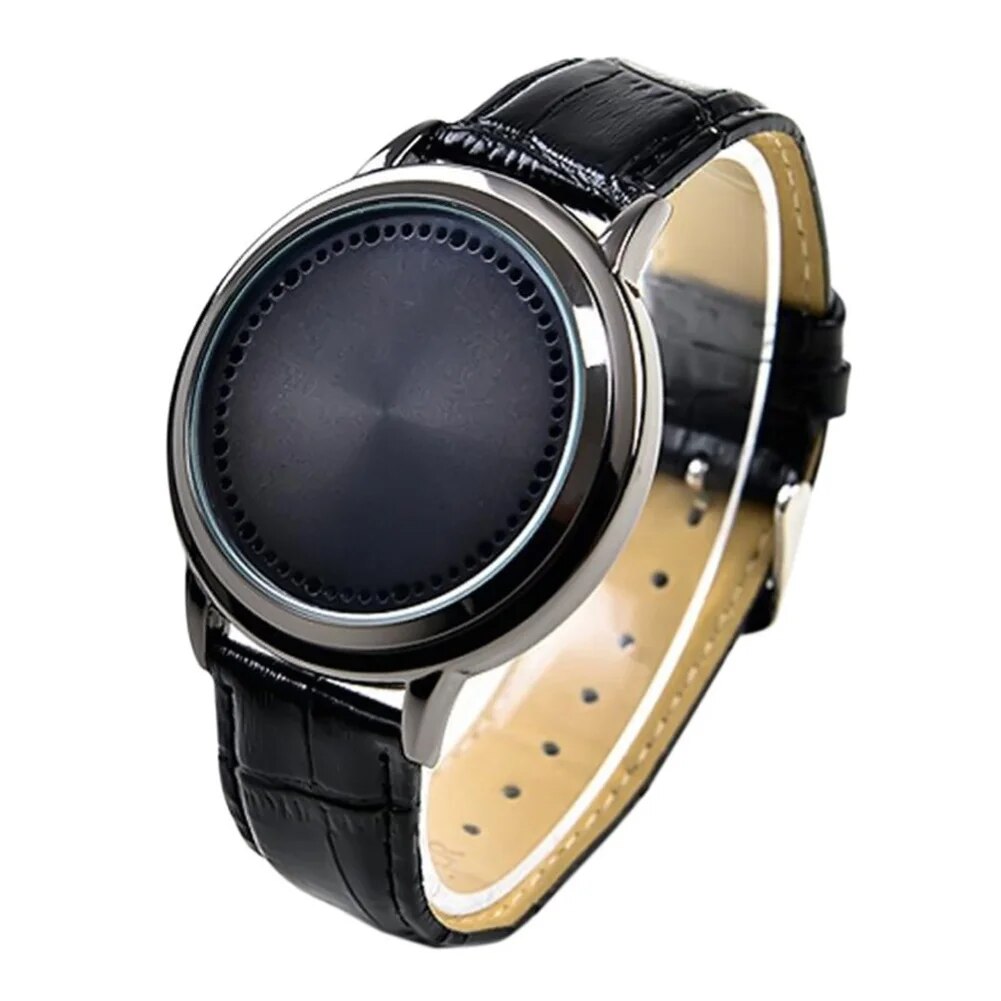 Fashion Men LED Tou-ch Control Round Dial Faux Leather Band Quartz Wrist Wa Ladies Dress Watches Gift Luxury. 