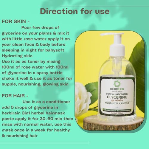 Herbirain Pure & Unscented Glycerine for Face, Skin & Hair 250ml (FROM INDIA) NUSS. 