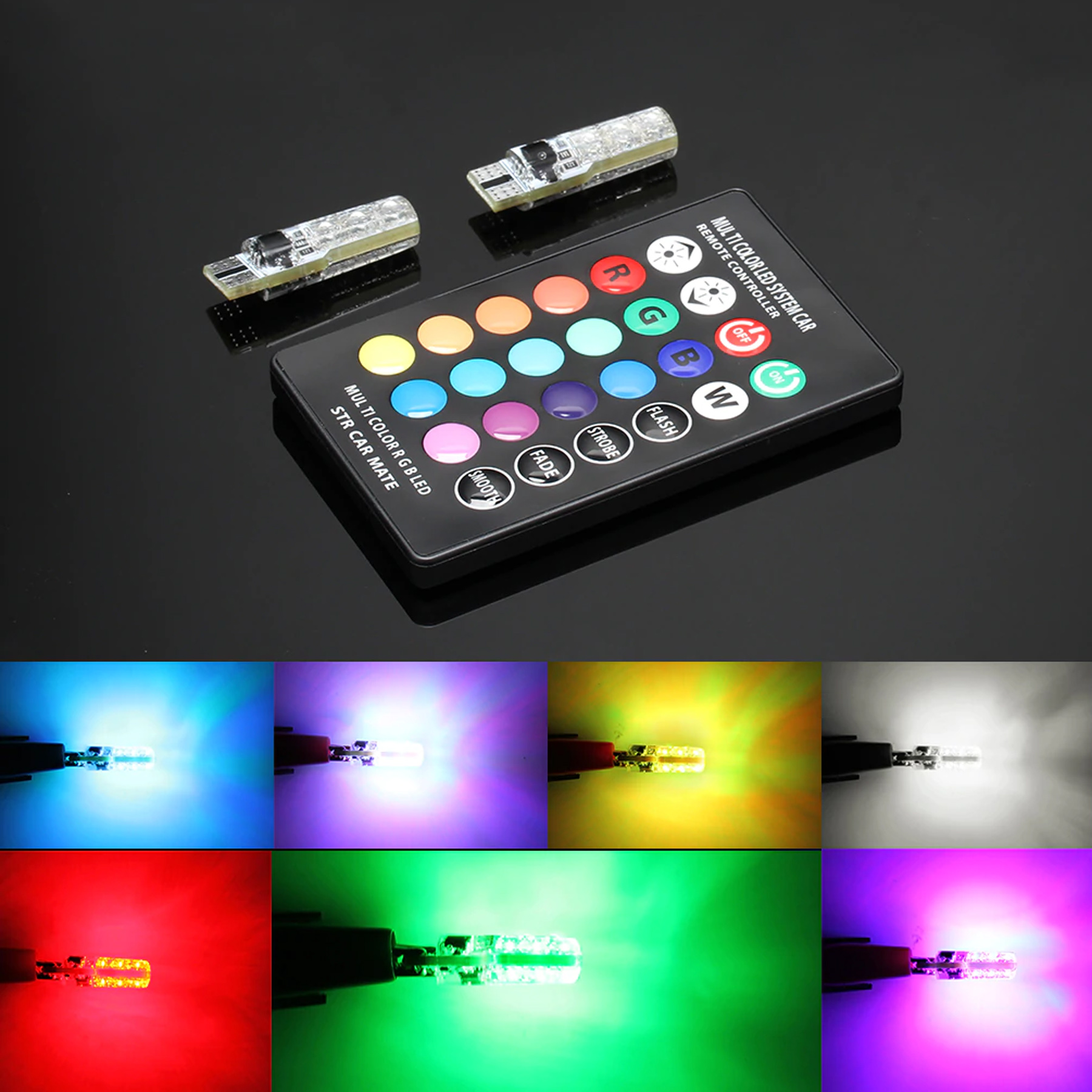 RGB T10 Colorful 12V Parking LED Multi-mode Color Changing COB Burst Flashing Wedge Auto Light Car Interior Decorative Lights with Remort Control. 