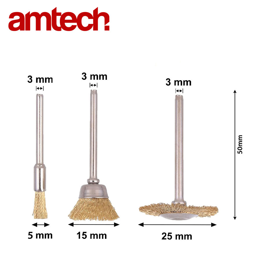 Wire Wheel Brass Cup Brush Mini Precision Polishing Rotary Tool Set for Drill - 3 pcs - AMTECH. 