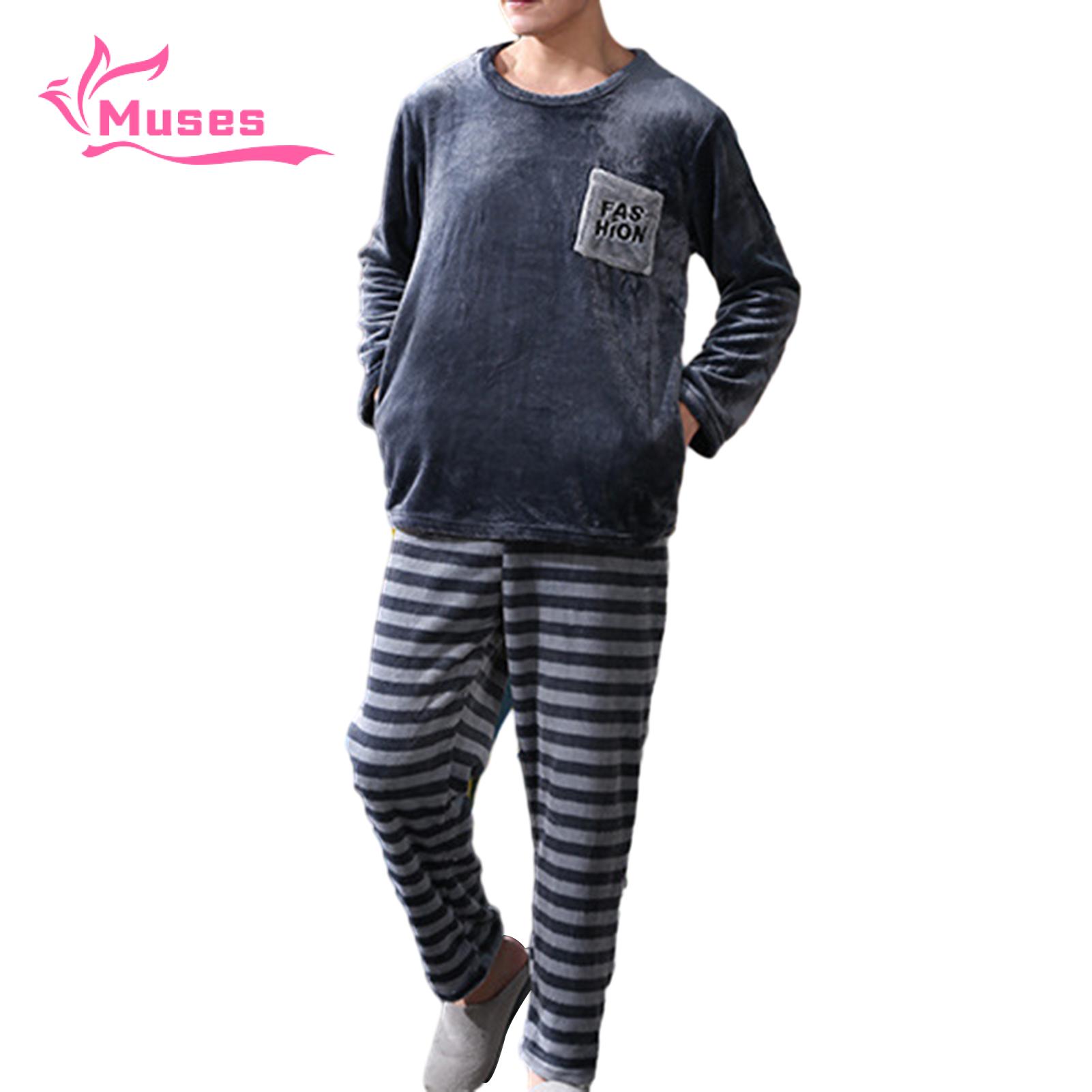Muses Mall Plus Size Pajama Set Cozy Men's Winter Pajama Set Soft Warm Round Neck Long Sleeve Top with Elastic Waist Pants 2 Pcs/set Elastic Waist Pajama Pants. 
