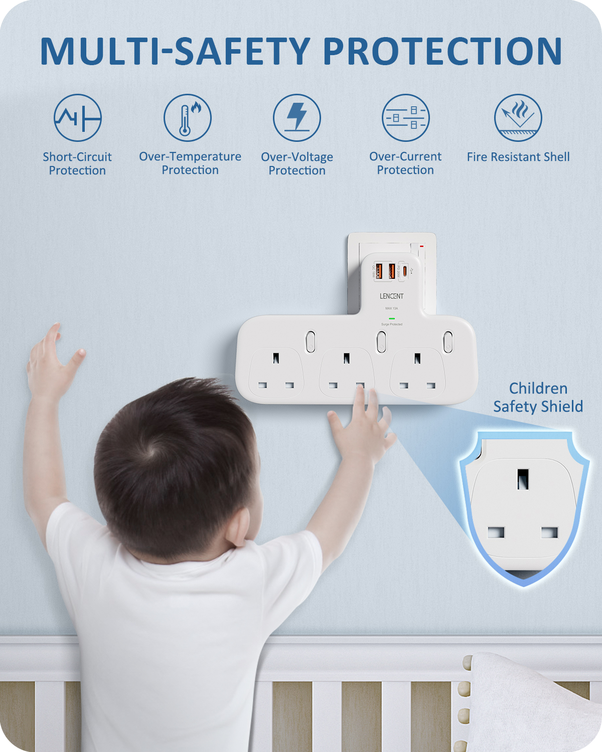 LENCENT Surge Protected 3 Way Plug Extension with PD 20W USB-C & 2 USB-A QC 3.0, Multi Plug Adaptor UK with Individual Switches, Plug Extender Wall Socket for Surge Protection 13A 3250W Surge Protector. 