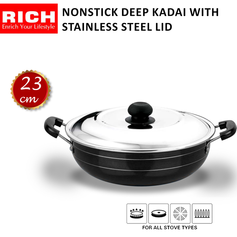 Rich Nonstick Deep Kadai With Stainless Steel Lid - Black ( Made in India):  Buy Online at Best Prices in SriLanka | Daraz.lk