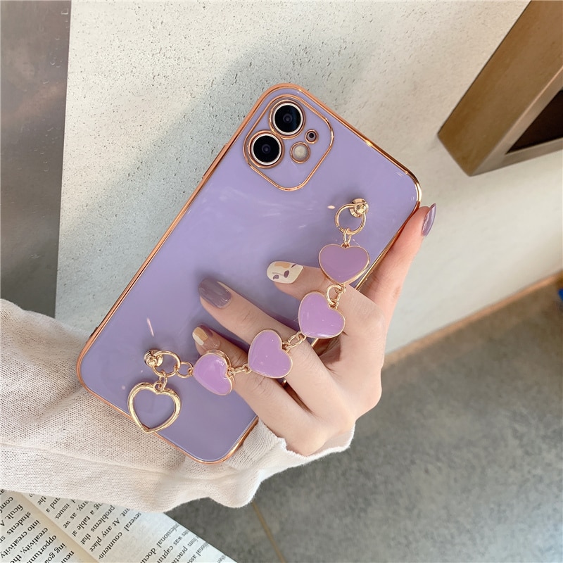 【ThinkWay】Luxury Plating Love Heart Chain Wrist Bracelet Soft Phone Case for Iphone 13 12 Pro Max X XS XR 11 Pro Max 7 8 Plus Coque Cover. 