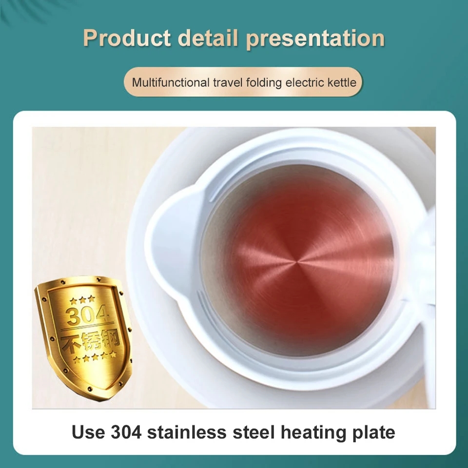Foldable Electric Kettle Mini Food Stainless Steel Silicone Kettle Travel Home Automatic Power Off Easy to Carry Simple Operation. 