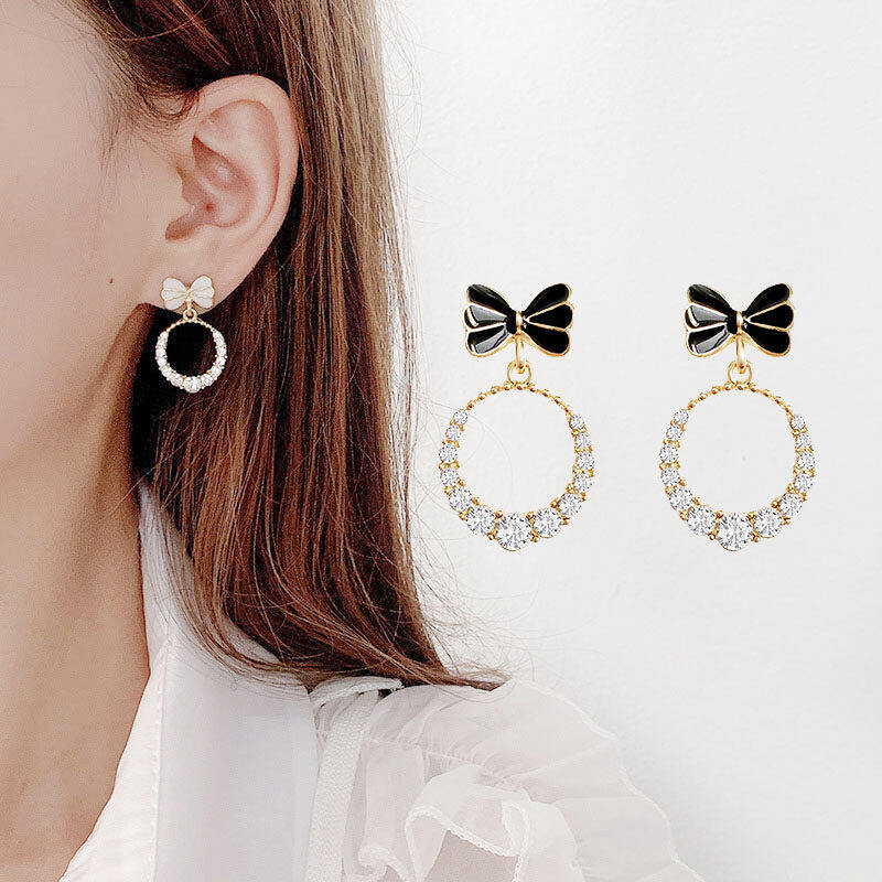 1Pair Korean Style Bow Zircon Round Simple Stud Earrings For Girls Women Jewellery Gift. 