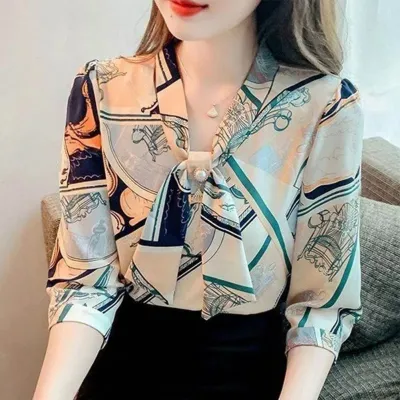 Yfashion Women Cotton Chiffon Shirt Fashion Elegant Geometric Printing Slim  Fit Tops Casual V Neck Pullover Blouse