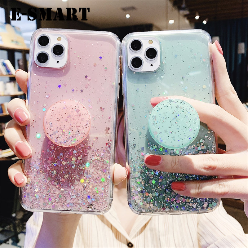 Phone case OPPO A54 Back cover Shiny Ring Glitter Soft Transparent Holder Stand Back cover with String Glitter Space Stars Moon OPPO A54 case. 