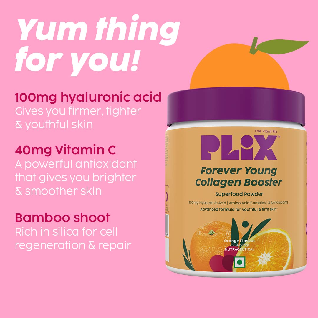 PLIX Collagen Supplement Powder to support Skin Elasticity, Firmness & Youthful Glow | 100%Plant-based with Hyaluronic Acid & Vitamin C | For Women & Men | Orange Flavour, Pack of 1 FROM INDIA (SAM). 