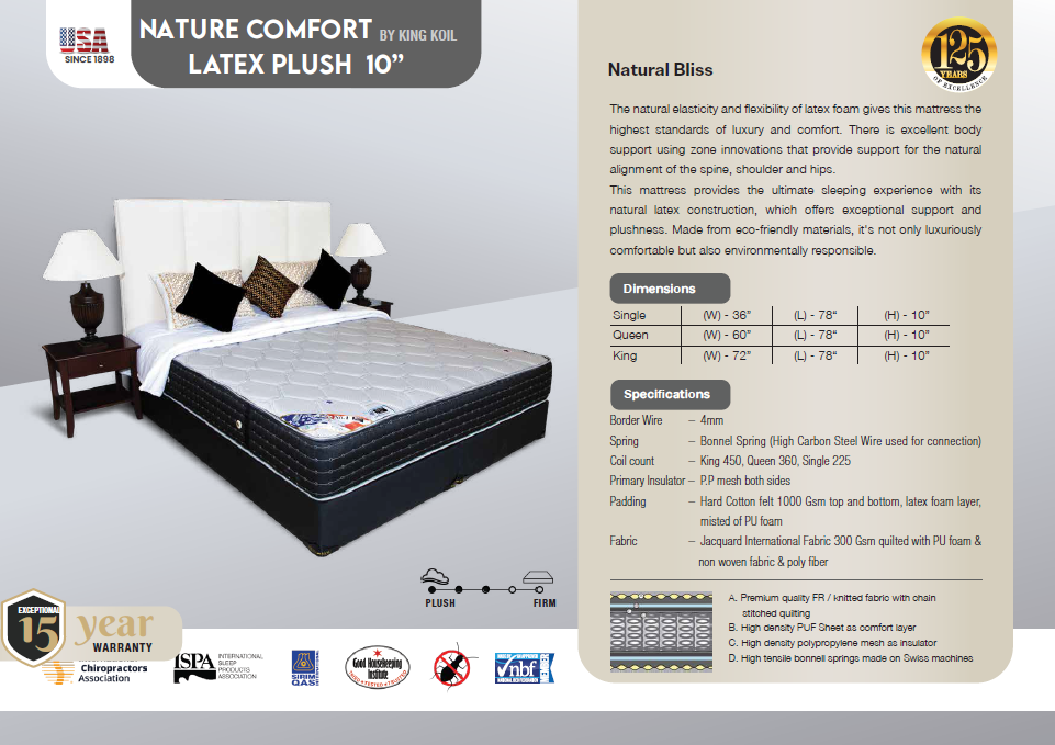 King Koil Nature Comfort Latex Plush 10" - Single Size Spring Mattress (36" x 78" x 10")