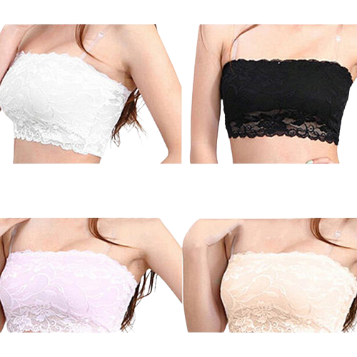 Women Non-Slip Strapless Stretch Lace Tube Bra Padded Wire Free Tube Bra Underwear. 