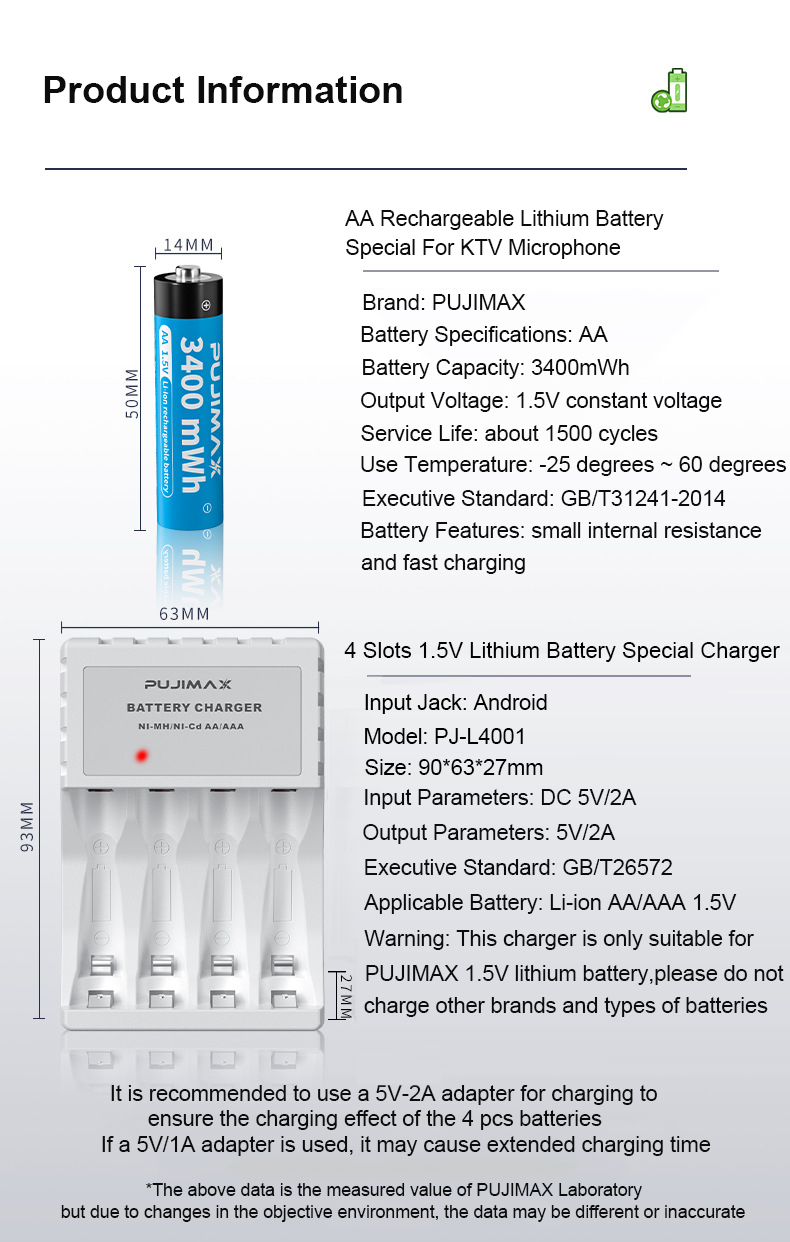 PUJIMAX 1pcs 2a rechargeable li-ion battery 1.5v aa lithium battery 3400mWh 1.5v aa batteri. 