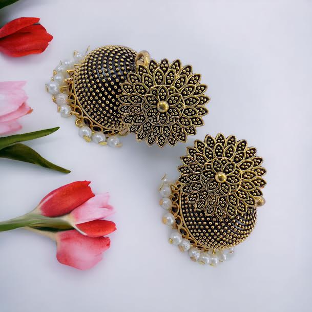 ESH Black gold flower theme Fashion Bollywood Traditional Indian beautiful jimmiki earring with white pearl beaded for women and girl. 