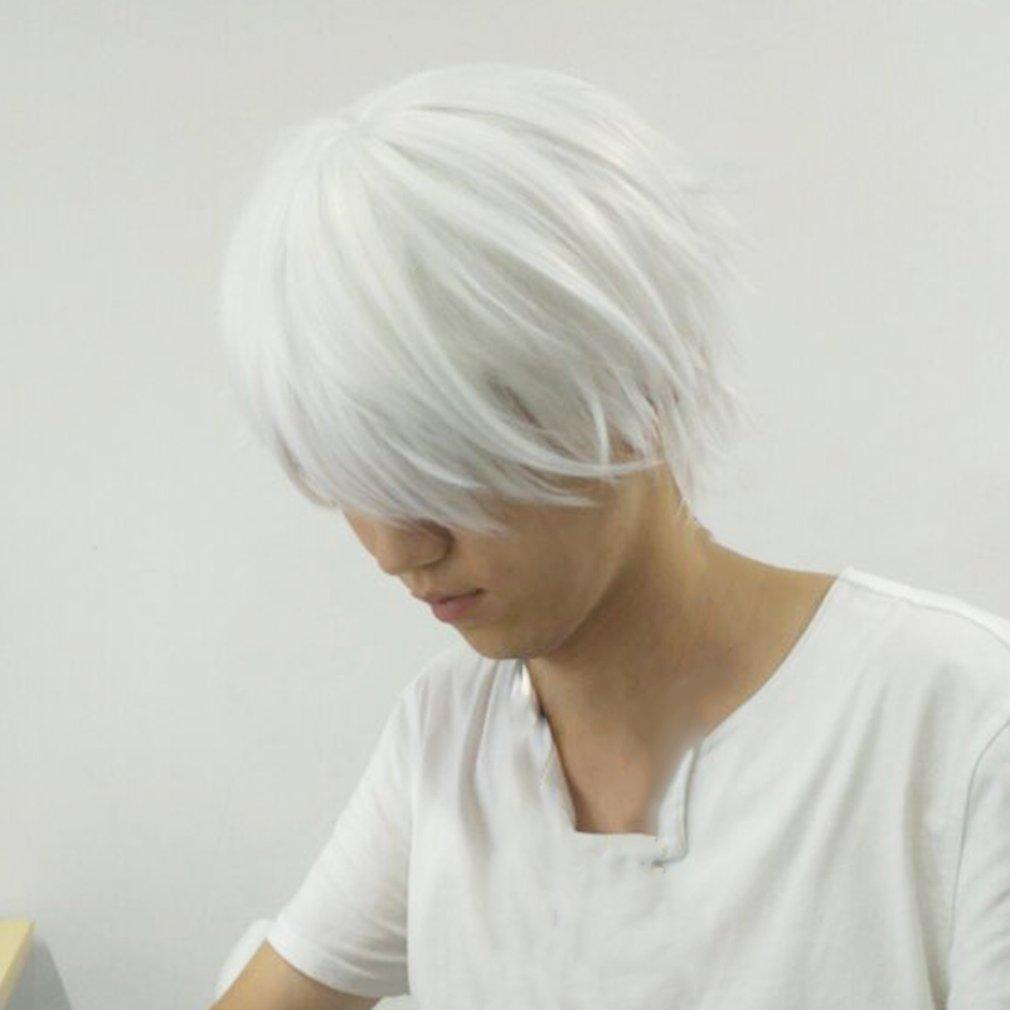 【KAMDSS015】 (New) Men's White Hair Cover, Suitable for Role Playing Character Straight Tube Short Synthetic Hair Cover. 