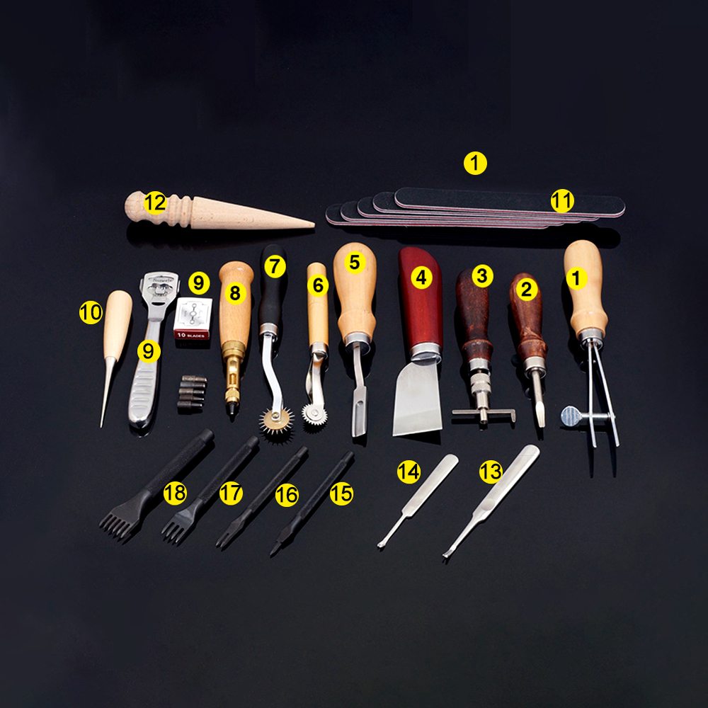 Migeet Sewing Craft & Leather Tools Set 18 Pcs Leather Craft DIY Tool for Hand Sewing Stitching,Stamping Set and Saddle Making,Stitching Carving Working. 