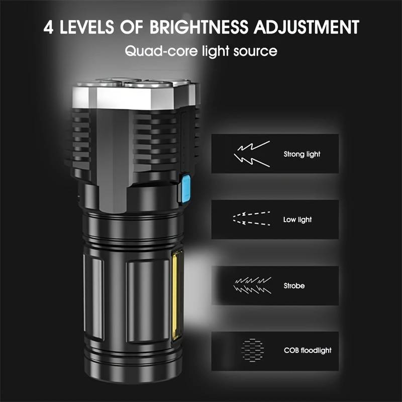 Powerful 4 LED Flashlight With COB Side Light, 4 Modes USB Rechargeable Flash Light, Waterproof, ABS Torch,, Camping Tool. 