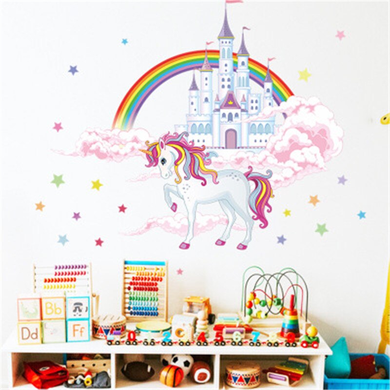 【WEJA】Colorful Rainbow Pink Princess Castle Unicorn Wall Sticker For Girls Kids Bedroom Unicorn Wall Decor Vinyl Mural Decals Muraux. 