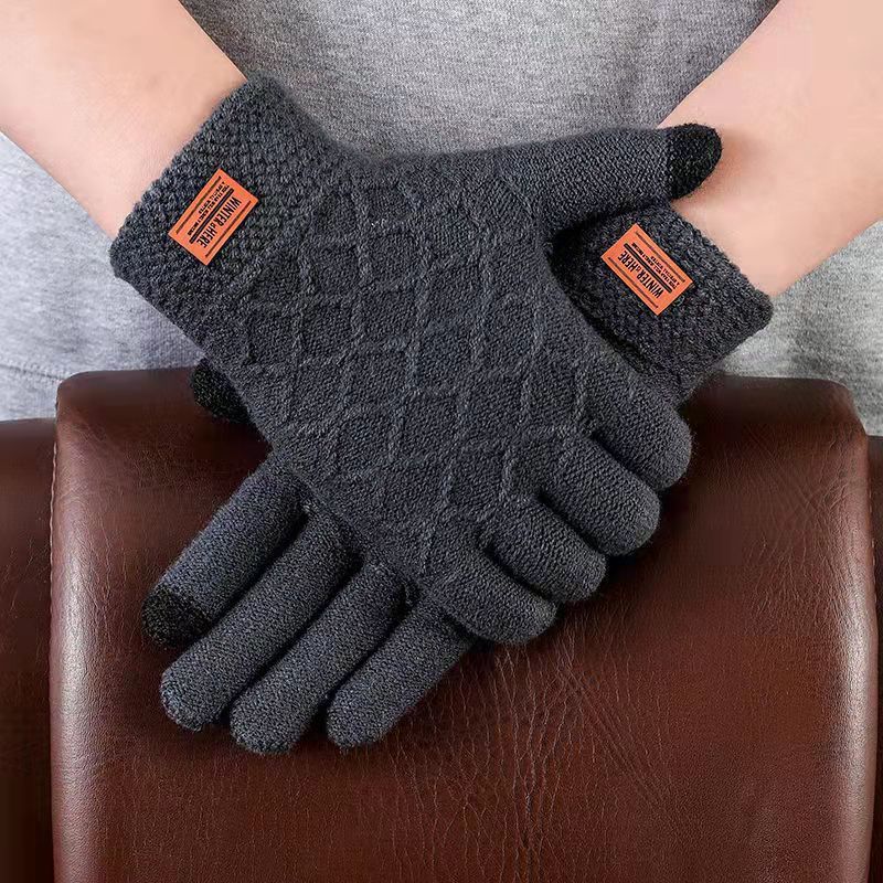 Autumn and Winter Fleece-lined Thick Wool Knitted Gloves Men's Touch Screen Warm Gloves Cycling Driving Cold-Proof Warm. 