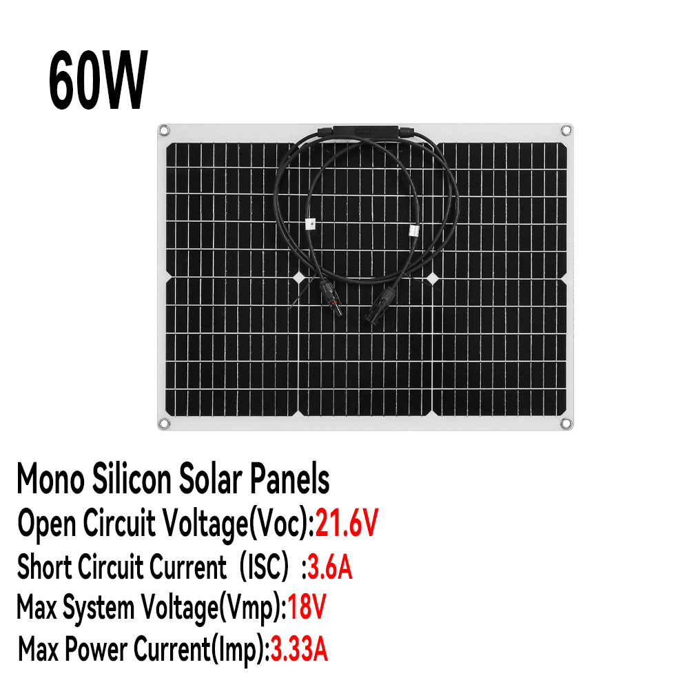 PowMr 60W Solar Panel Flexible Monocrystalline Solar Cell DIY Cable ...