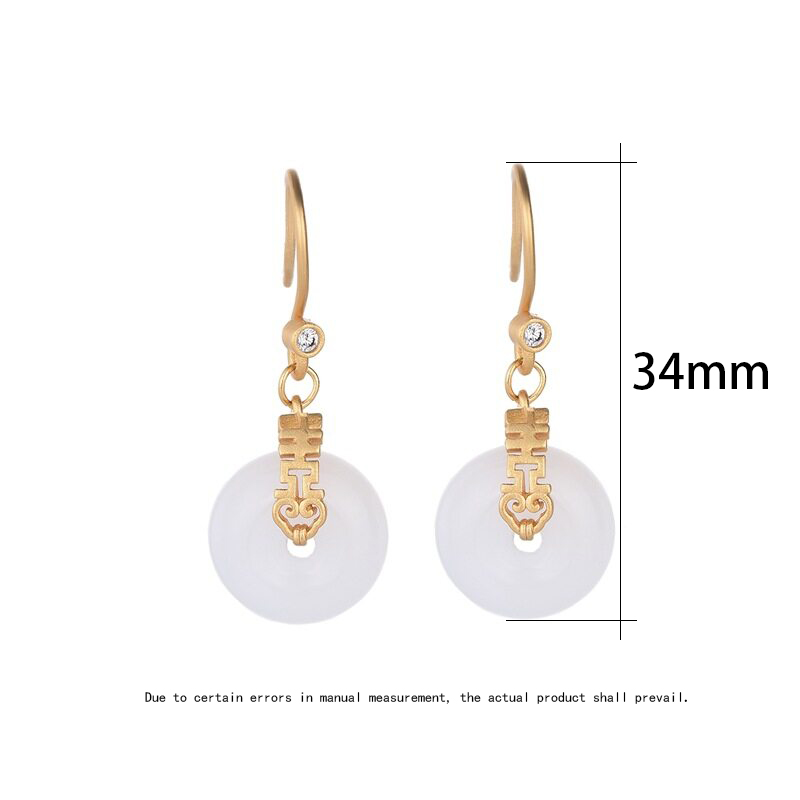 Her Lab Jewelry |18K Gold Chinese Style Hanzi Double Happiness Earrings Gold-plated Retro Court Style Inlaid White Jade Earrings Fashionable Personalized Jade Ladies Earrings. 