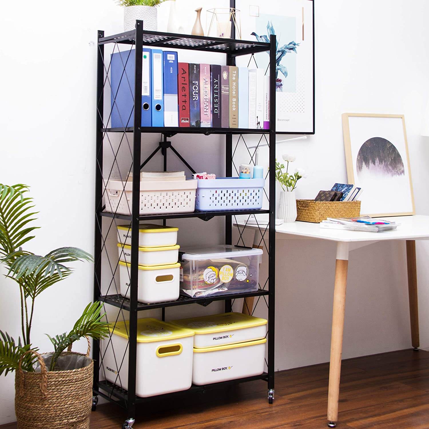 5 Tier Storage Rack Heavy Duty Foldable Metal Rack Storage Shelving Unit with Wheels Moving Easily Organizer Shelves Great for Garage Kitchen Holds up to 1250 lbs Capacity, Black. 