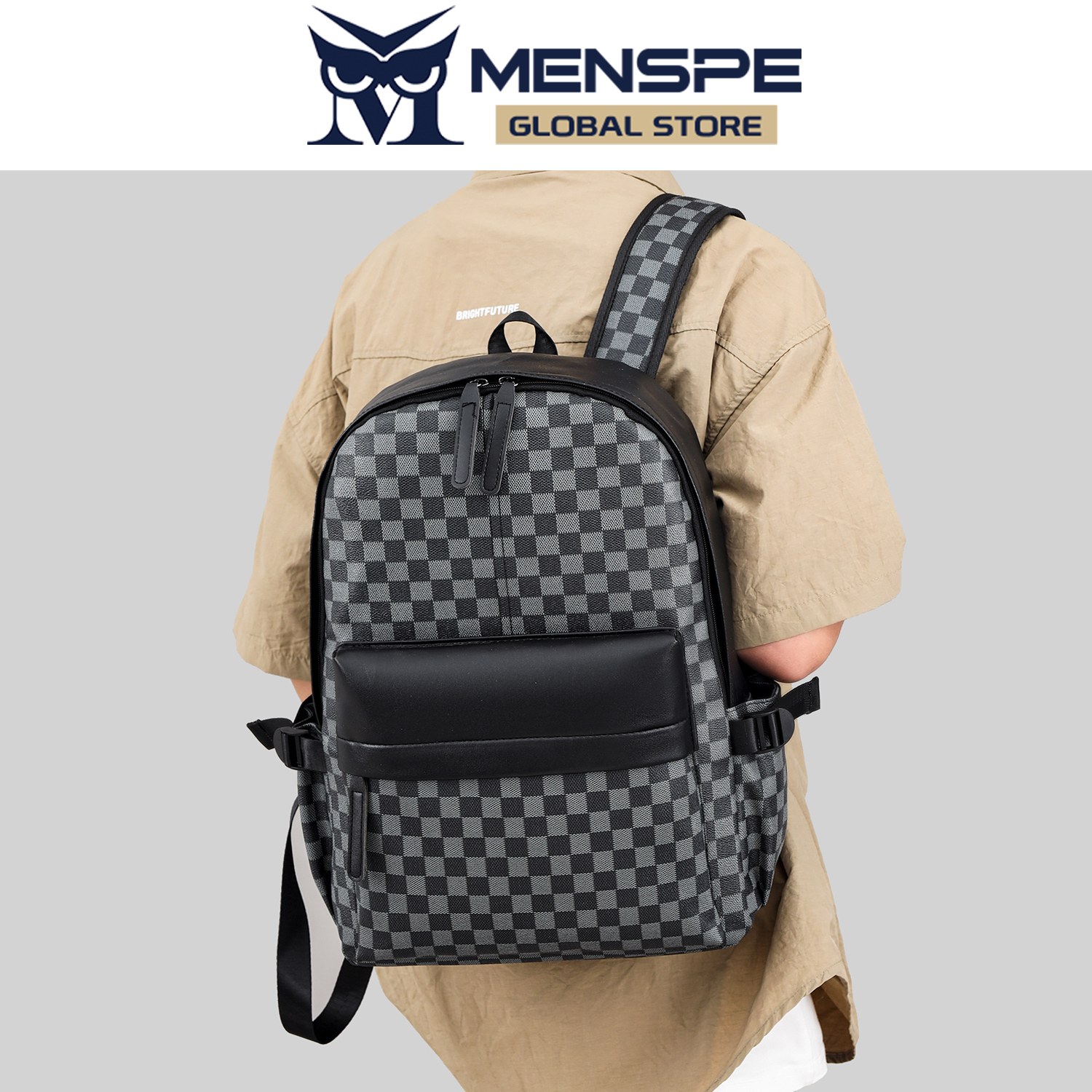 MENSPE Fashion Men’s Backpack Laptop Backpack Soft PU Backpack Business Travel Bag Waterproof Backpack Grid Pattern Design College Commuting Backpack Leisure School Bag For Travel Study Business. 