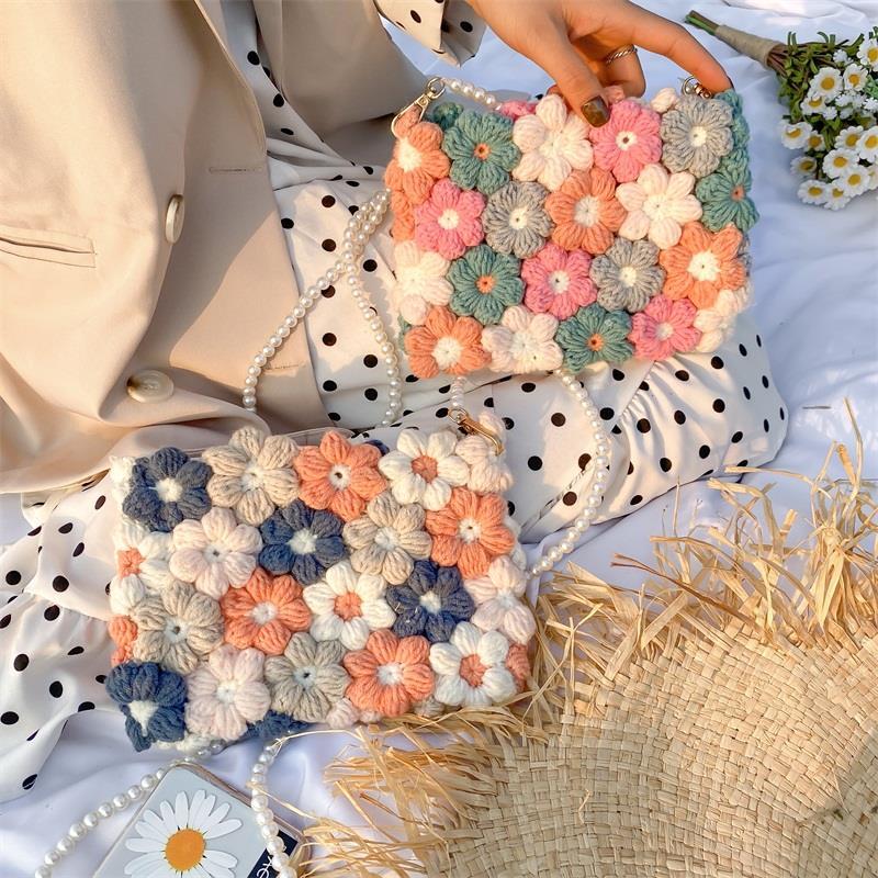 Puff Flower Bag HandmadediyMaterial Package Xiaohongshu Internet Celebrity Same Wool Crochet Homemade Messenger Bag. 
