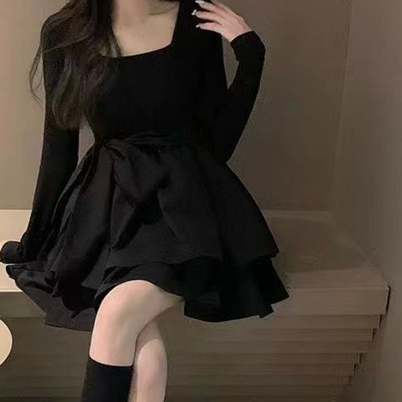 Korean Style Long Sleeve Drees Women Autumn Patchwork Square Collar Black Puffy Dresses Woman Fashion Prom Bow Black Mini Dress. 