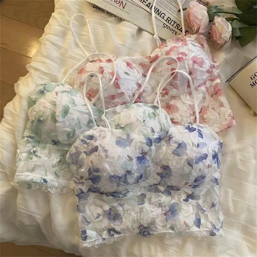 Floral Corset Vest Elastic Sweet Lace Crop Top Mesh Tube Top for Casual Evening Out Summer Wear Apparel Young Adults. 