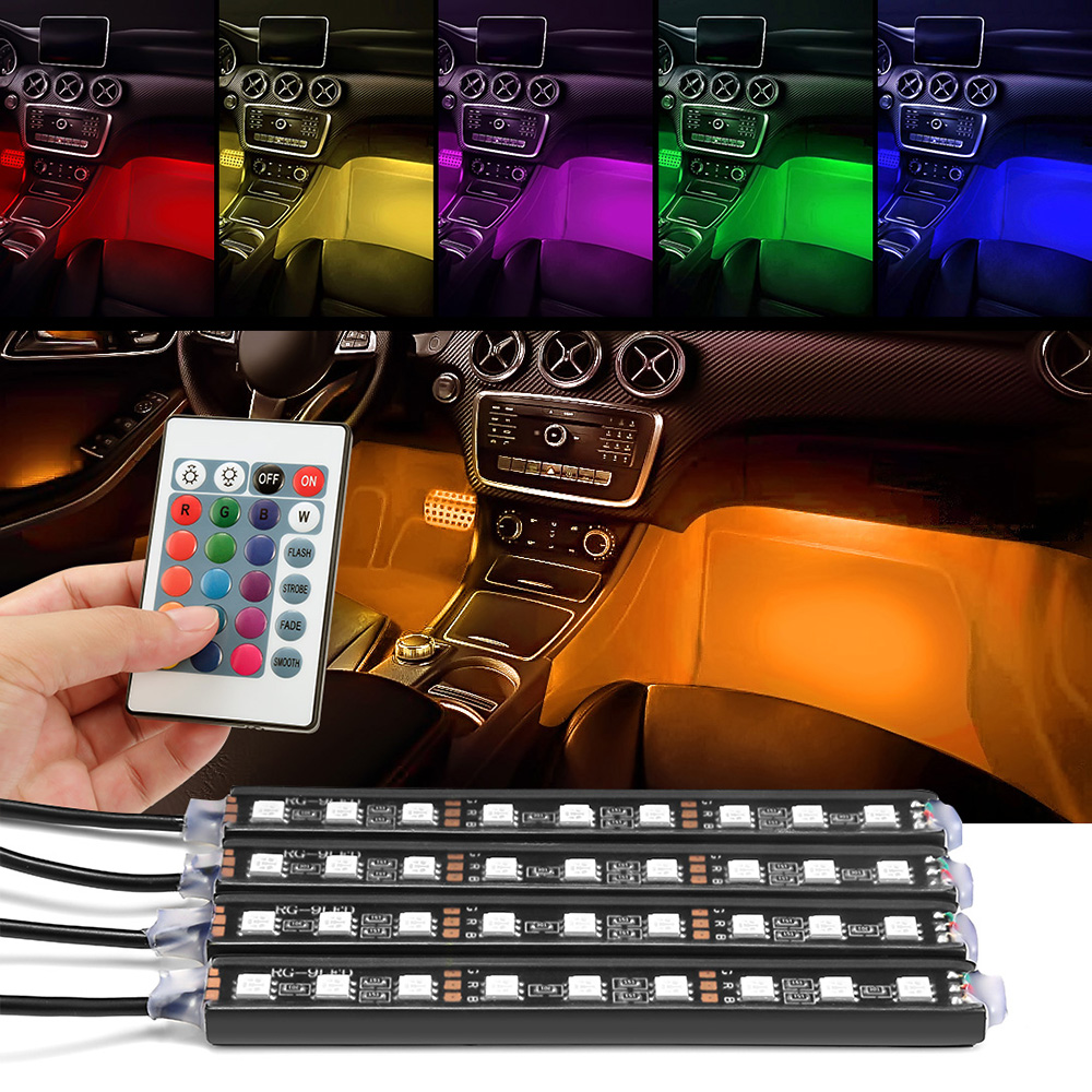 4pcs 12v Car RGB LED Strip Light LED Strip Lights Colors Car Styling Decorative Atmosphere Lamps Car Interior Light With Remote. 