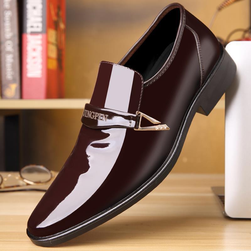 Men's Leather Shoes Glossy Black Business Dress Shoes Office Slip