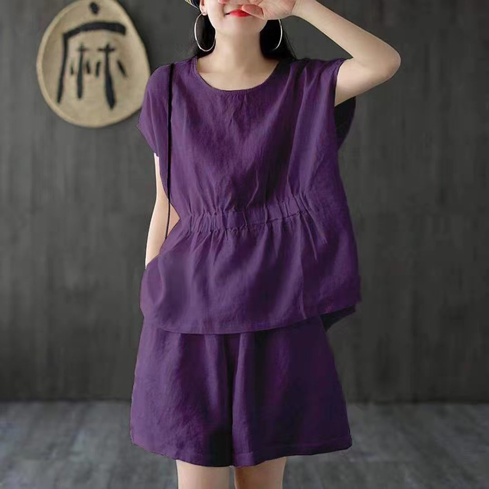 bellylady 2pcs/set Women Cotton Linen Short Sleeve T-shirt +short Pants Classic Round Neck Solid Color Loose Elastic Waist Casual Short  Sets. 