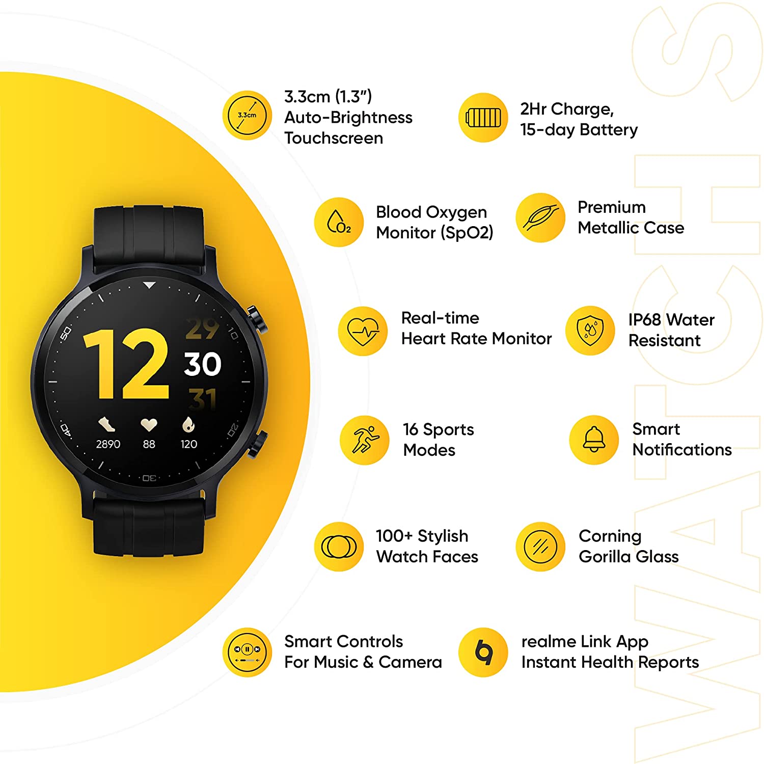 Realme Smart Watch S with 3.30 cm (1.3") TFT-LCD Touchscreen, 15 Days Battery Life, SpO2 & Heart Rate Monitoring, IP68 Water Resistance, Black With 01 Year Official Warrenty. 