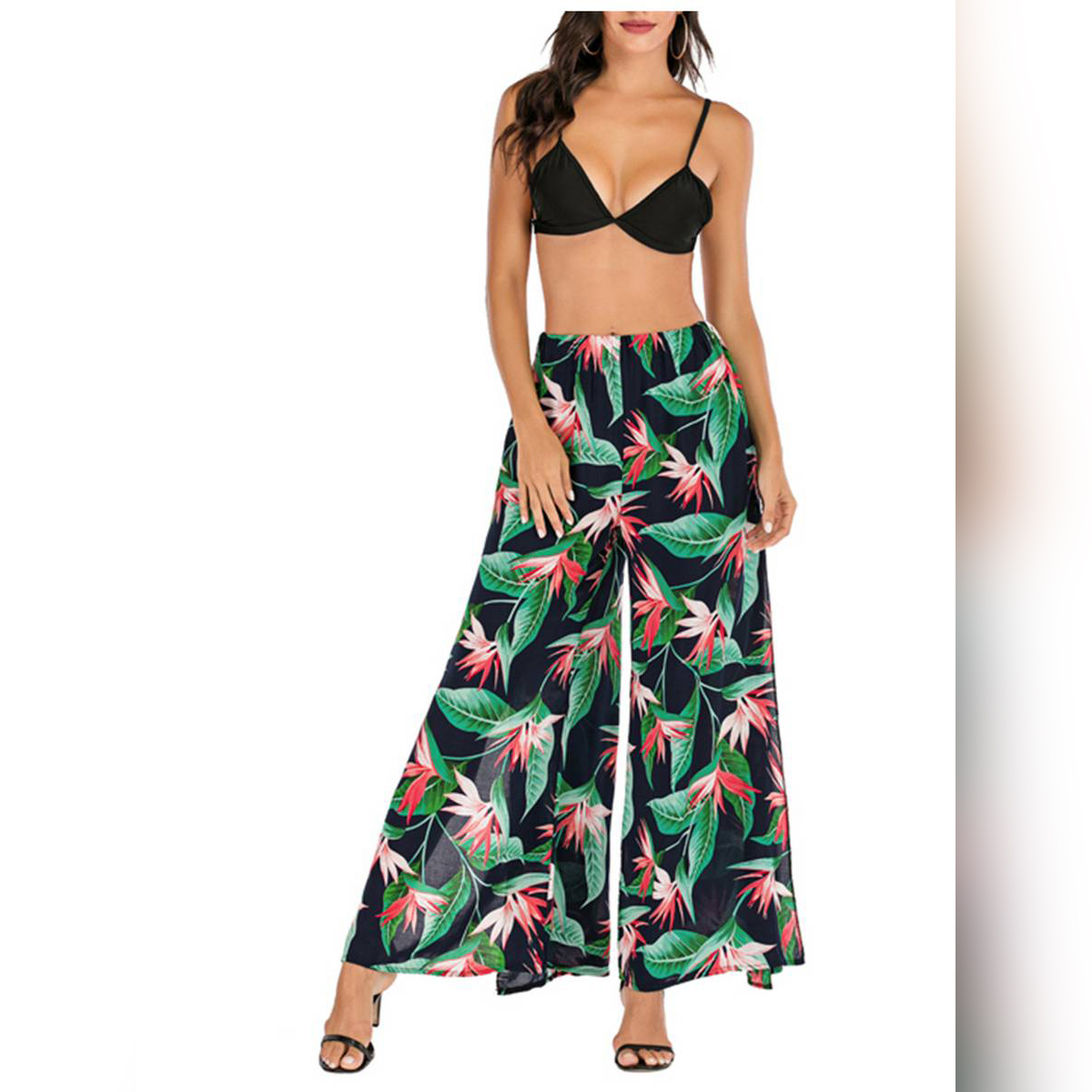 Women Tropical Print Wide Leg Pants 