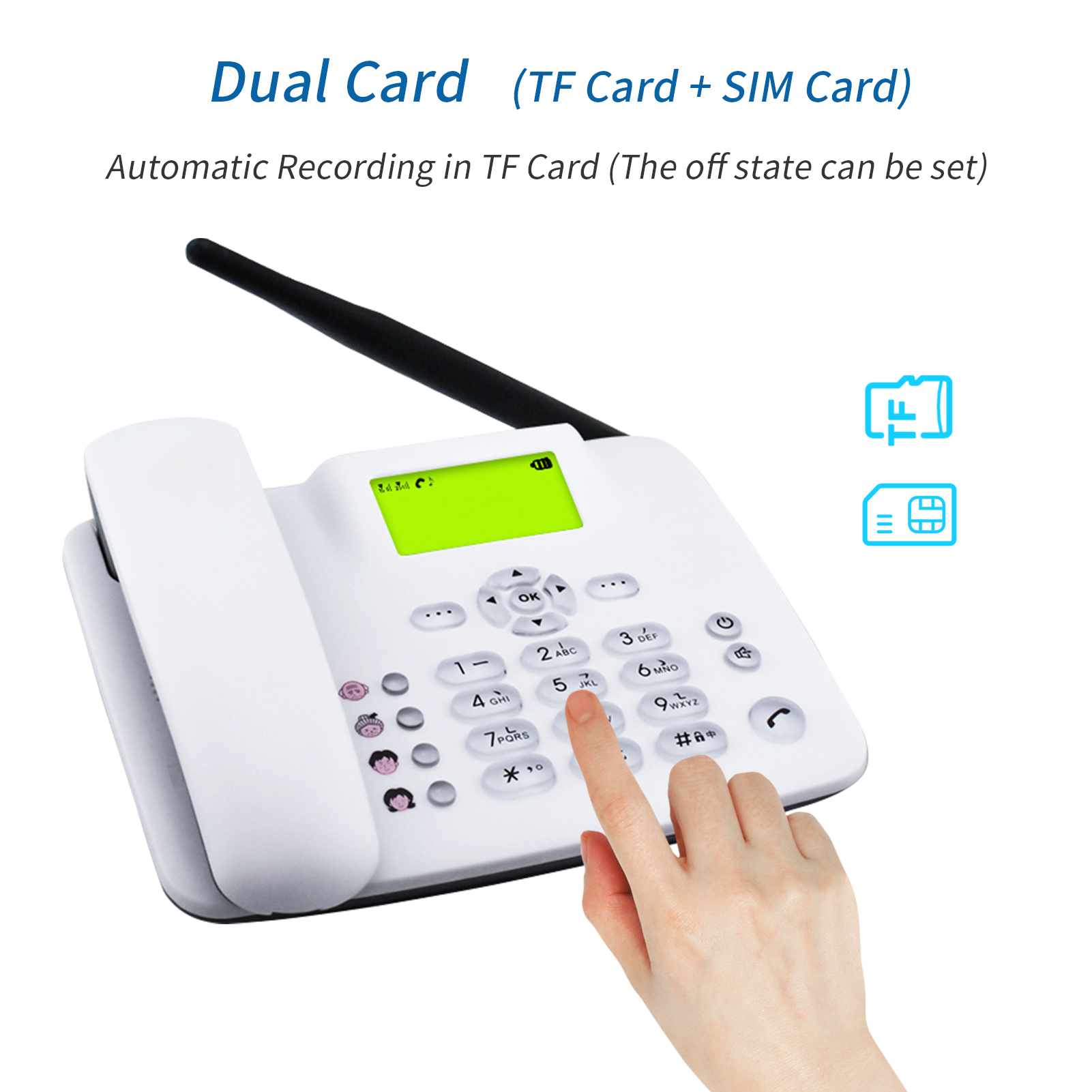 Fixed wi-rel-ess Phone Desktop Telephone Support Dual si-m TF Card 3G Cordless Phone with ante-nna Ra-dio Alarm Clock Automatic Auto-rec-ording Funtion for House Home Call Center Office Company Hotel. 
