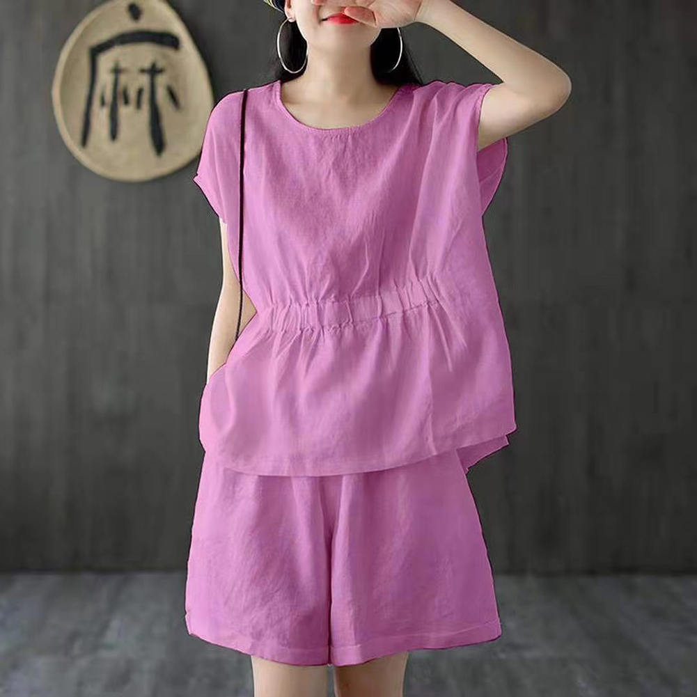 bellylady 2pcs/set Women Cotton Linen Short Sleeve T-shirt +short Pants Classic Round Neck Solid Color Loose Elastic Waist Casual Short  Sets