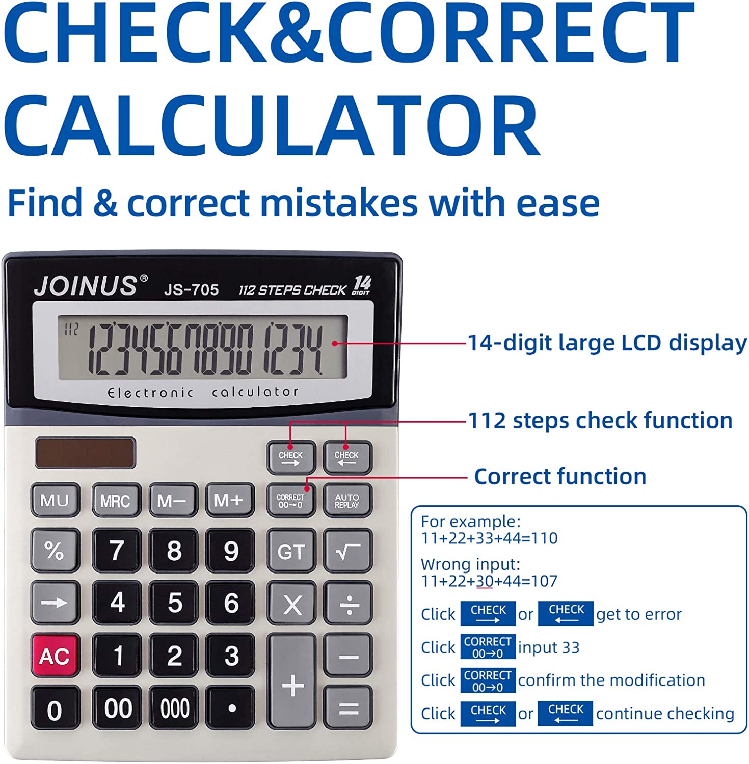 Large 14-Digit Joinus JS-705 LCD Display Desktop Calculator with Check & Correct Function, Solar Battery Dual Power Calculator, Large Computer Keys Electronics Calculator for Office School Calculating. 