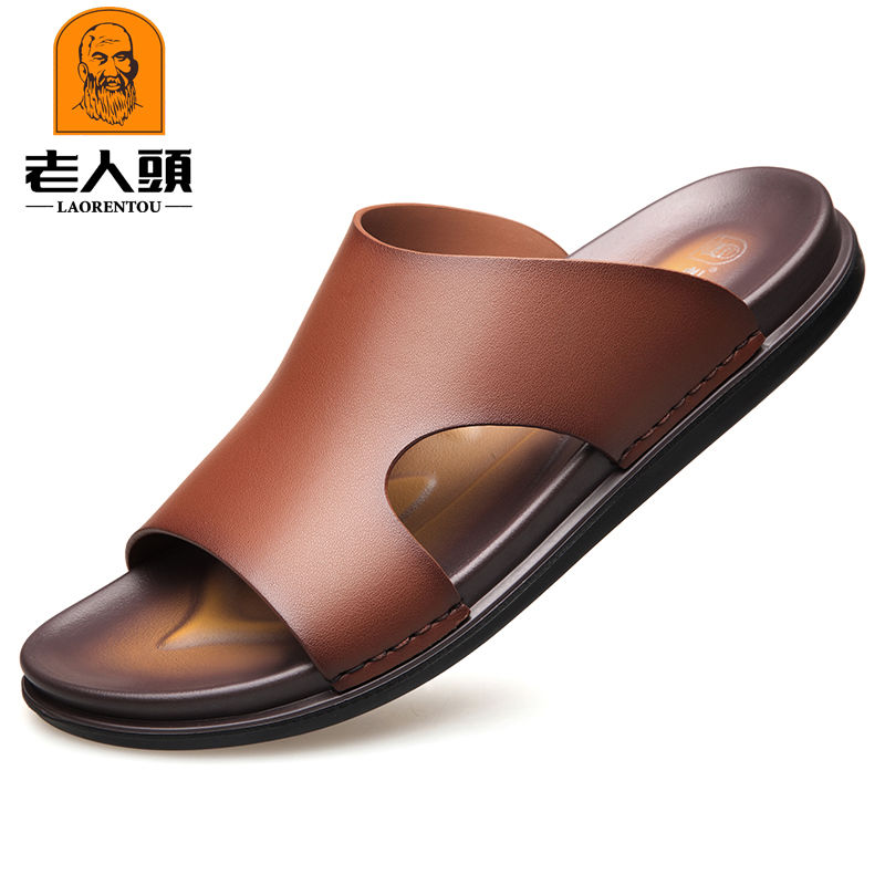 Old Man's Head Slippers Men's Summer Korean Style Slippers Personality Fashion Trend Genuine Leather Beach Shoes Men's Casual Sandals. 