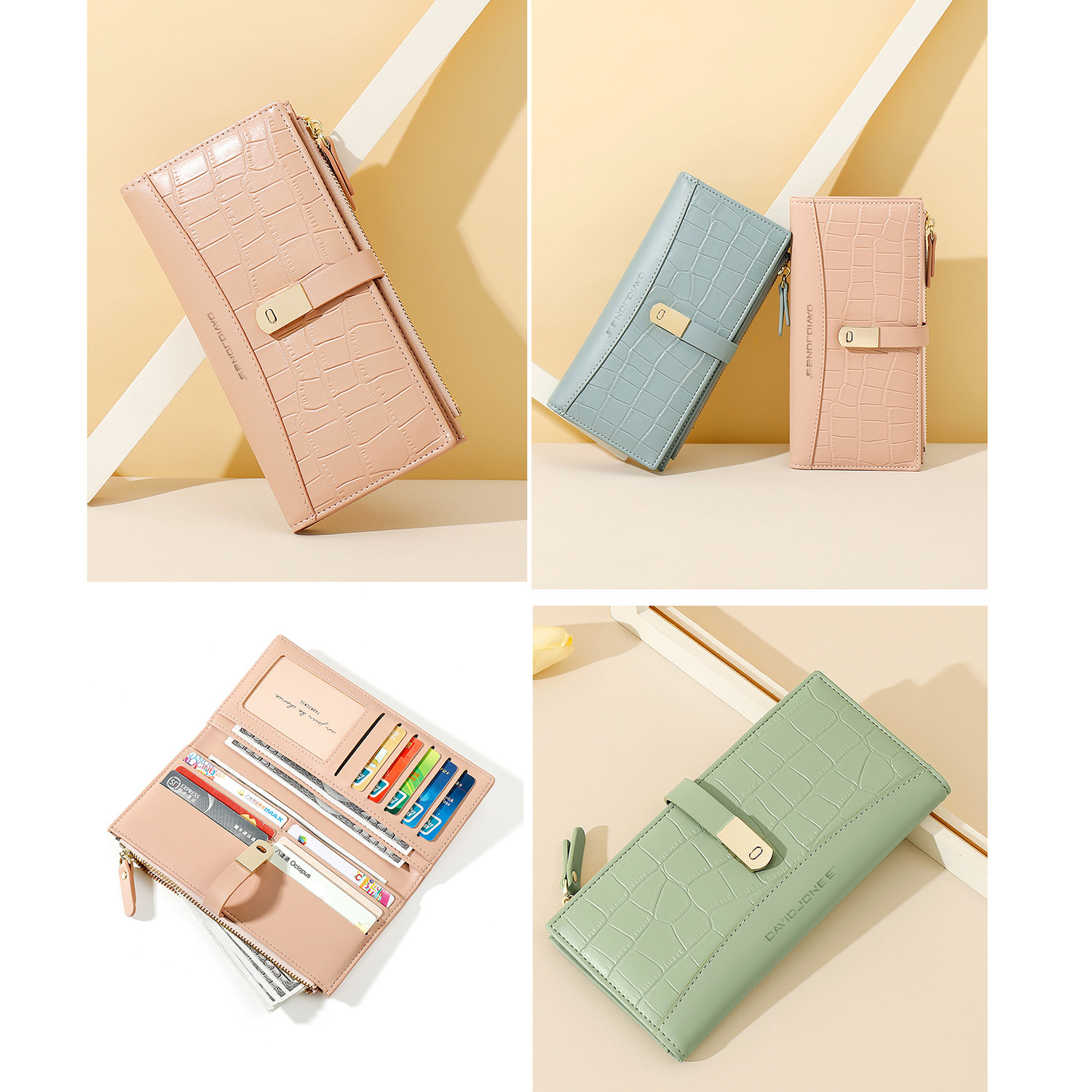 David Jones Paris Long Crocodile Wallet 2 Fold Phone Card Holder Organiser for Women and Gilrs. 