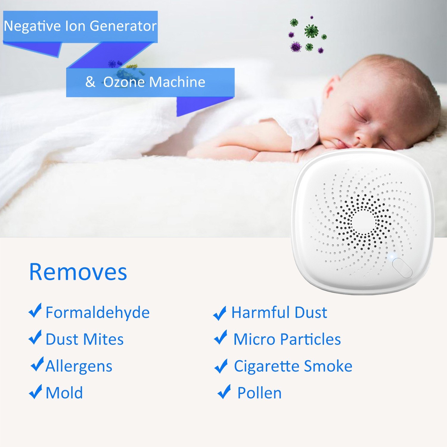 Two in one plug-in mini air purifier ozone deodorization. 