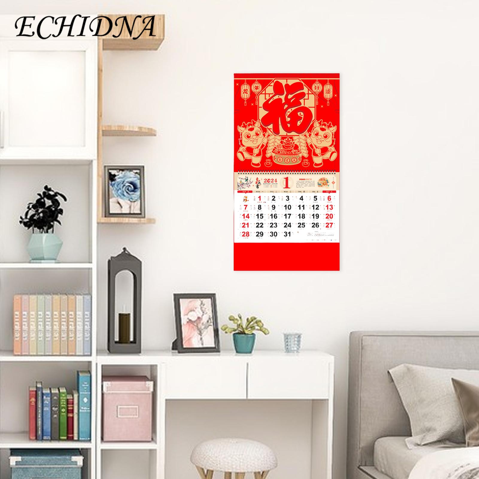 Year of the Dragon Wall Calendar 2024 Red Chinese New Year Wall Calendar Double Coil Tearable Monthly Ornament for Home Office Lunar Dates Wall Calendar. 